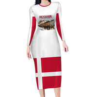 Denmark Kongeriget Heritage Long Sleeve Bodycon Dress Vintage Viking Ship And Nyhavn Scenic Illustration