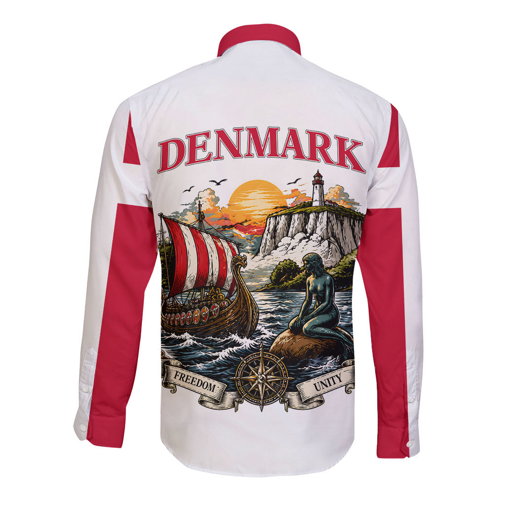 Denmark Kongeriget Heritage Long Sleeve Button Shirt Vintage Viking Ship And Nyhavn Scenic Illustration
