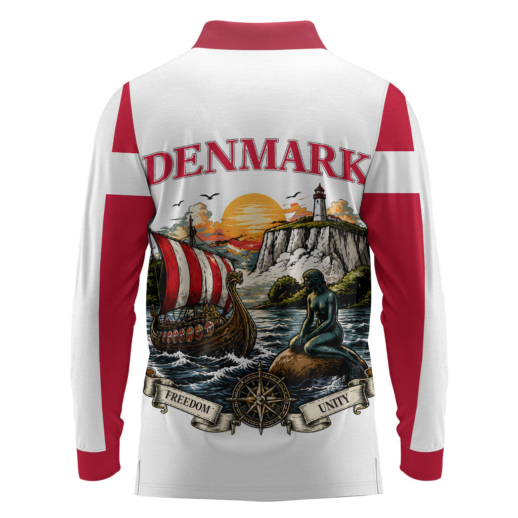 Denmark Kongeriget Heritage Long Sleeve Polo Shirt Vintage Viking Ship And Nyhavn Scenic Illustration