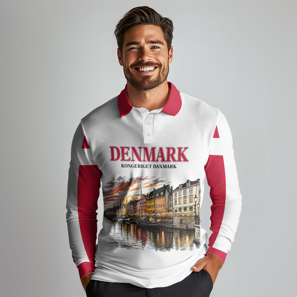 Denmark Kongeriget Heritage Long Sleeve Polo Shirt Vintage Viking Ship And Nyhavn Scenic Illustration