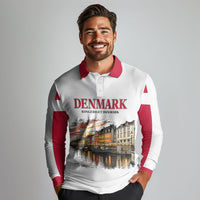 Denmark Kongeriget Heritage Long Sleeve Polo Shirt Vintage Viking Ship And Nyhavn Scenic Illustration