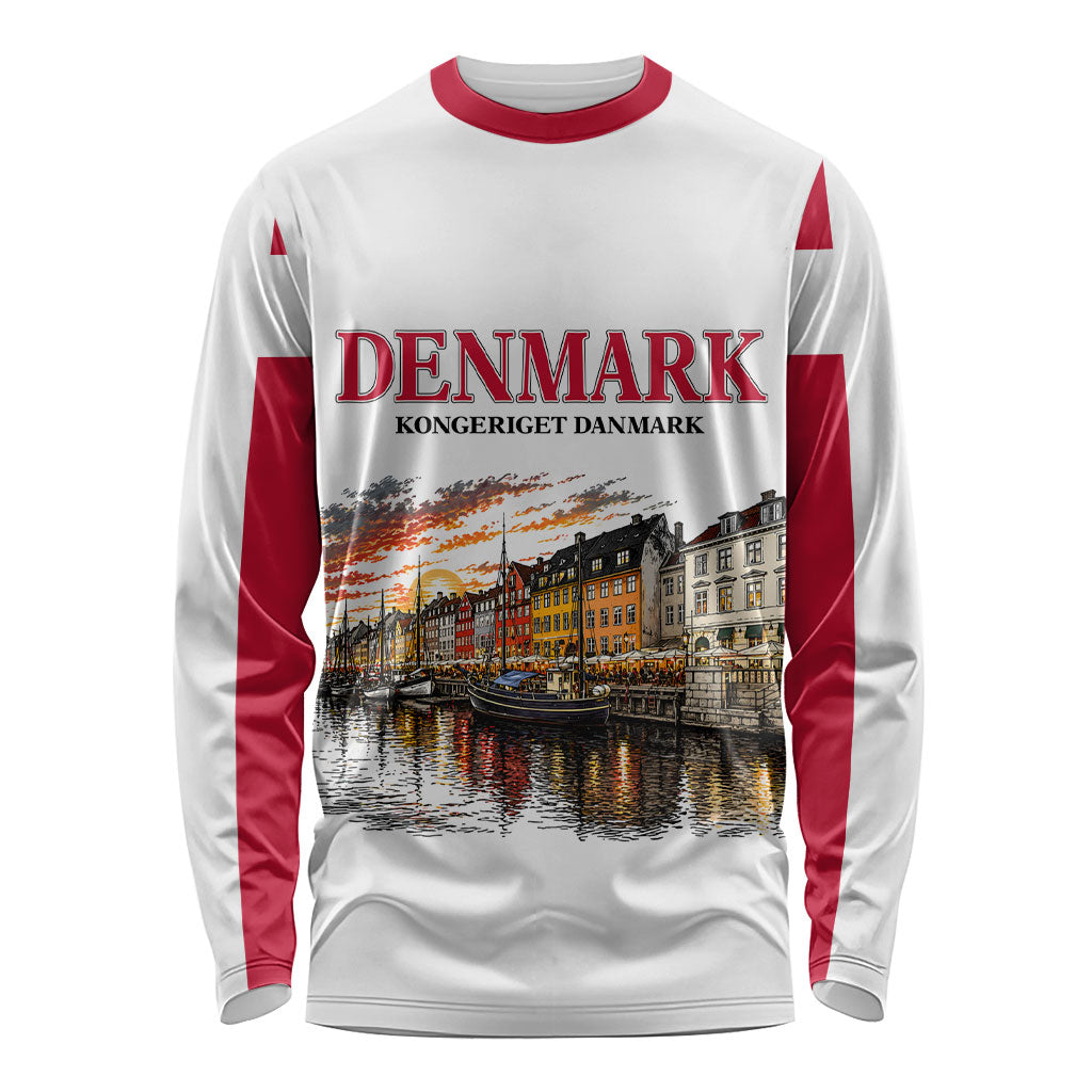 Denmark Kongeriget Heritage Long Sleeve Shirt Vintage Viking Ship And Nyhavn Scenic Illustration
