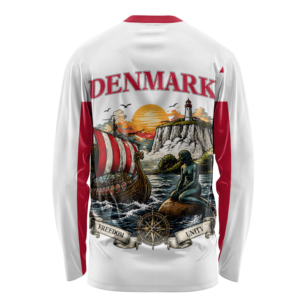 Denmark Kongeriget Heritage Long Sleeve Shirt Vintage Viking Ship And Nyhavn Scenic Illustration