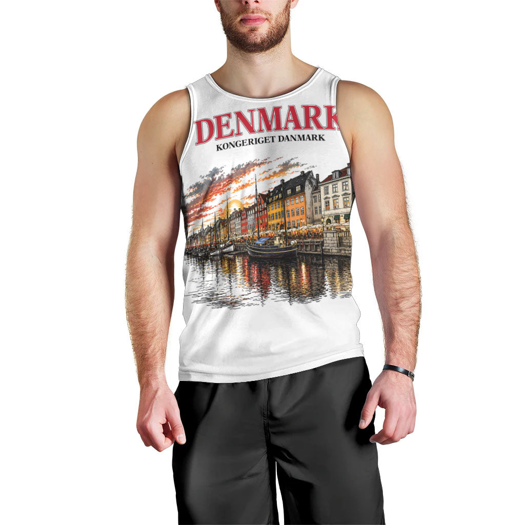 Denmark Kongeriget Heritage Men Tank Top Vintage Viking Ship And Nyhavn Scenic Illustration