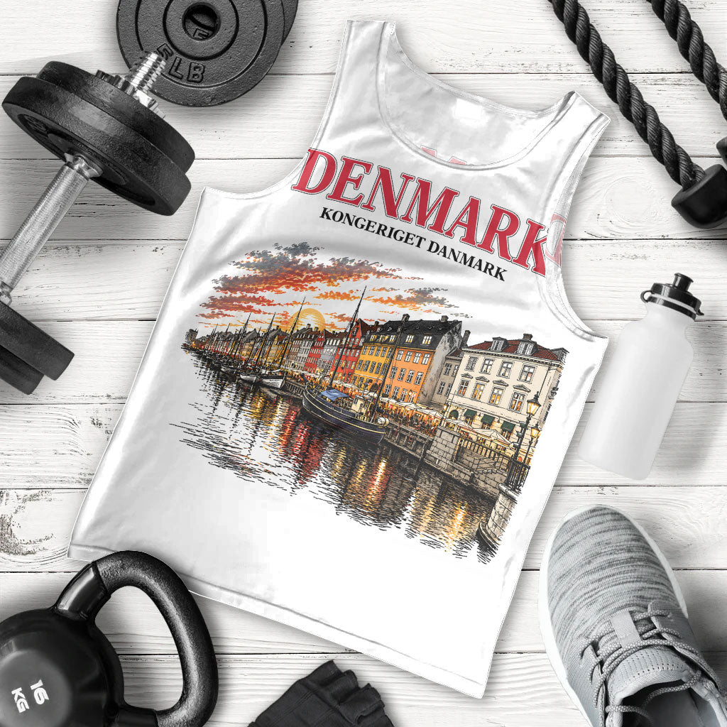 Denmark Kongeriget Heritage Men Tank Top Vintage Viking Ship And Nyhavn Scenic Illustration