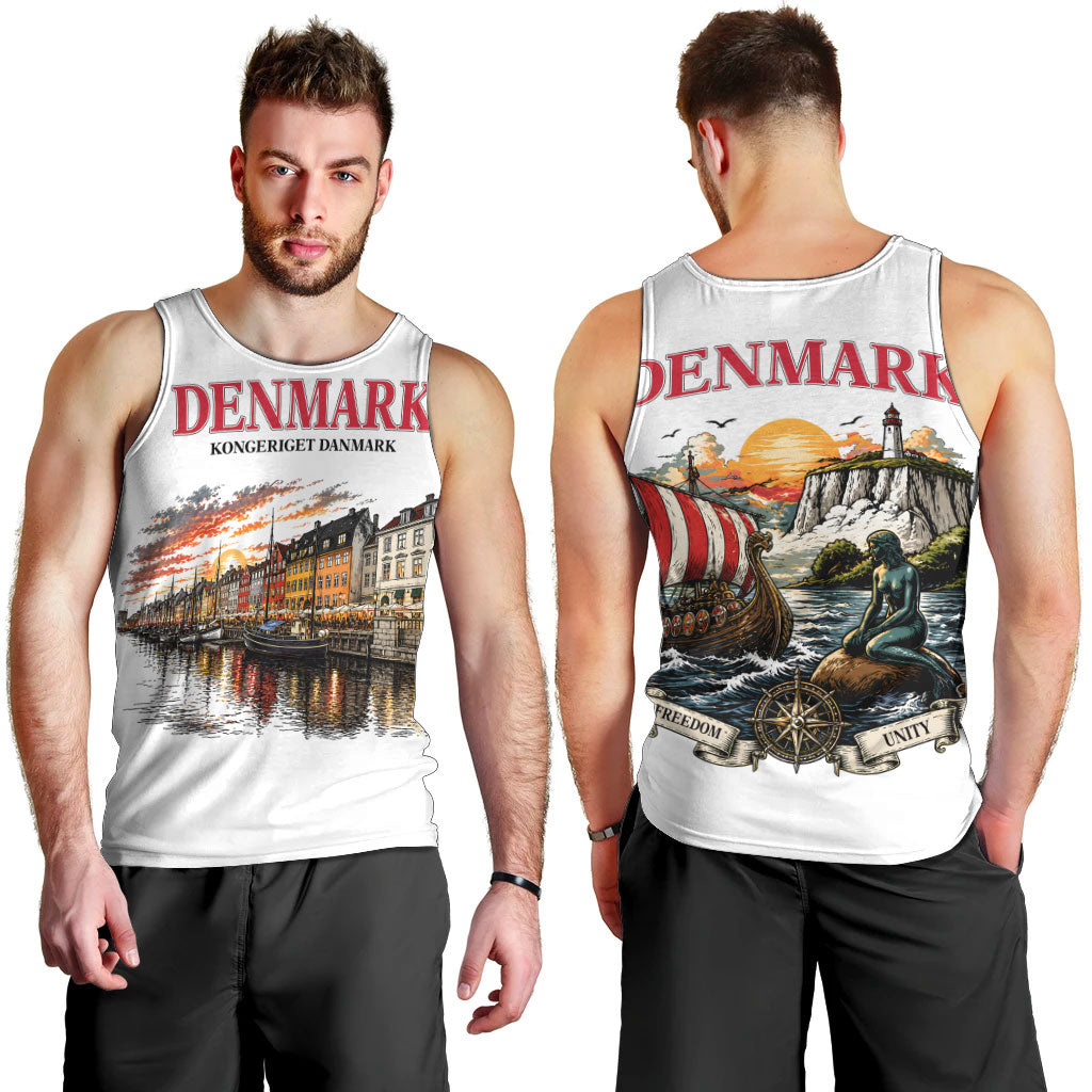 Denmark Kongeriget Heritage Men Tank Top Vintage Viking Ship And Nyhavn Scenic Illustration