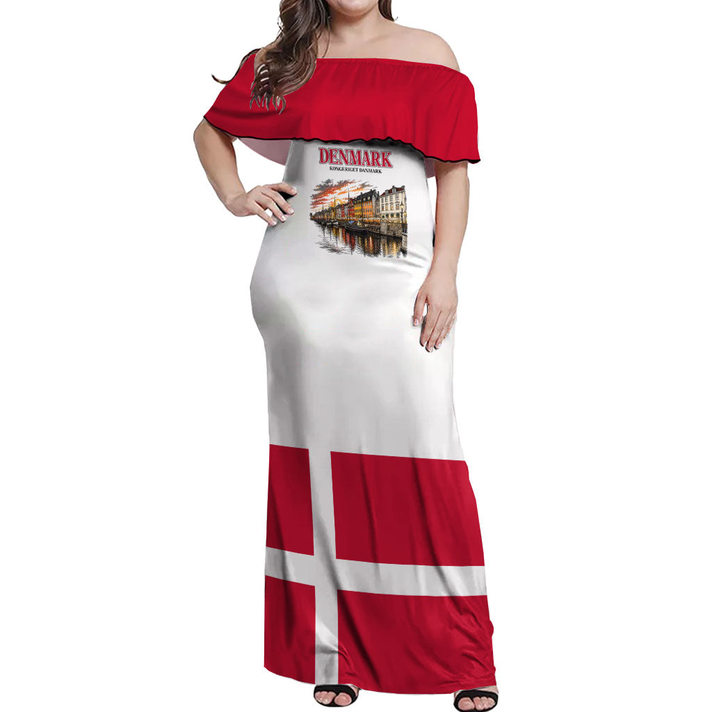 Denmark Kongeriget Heritage Off Shoulder Maxi Dress Vintage Viking Ship And Nyhavn Scenic Illustration