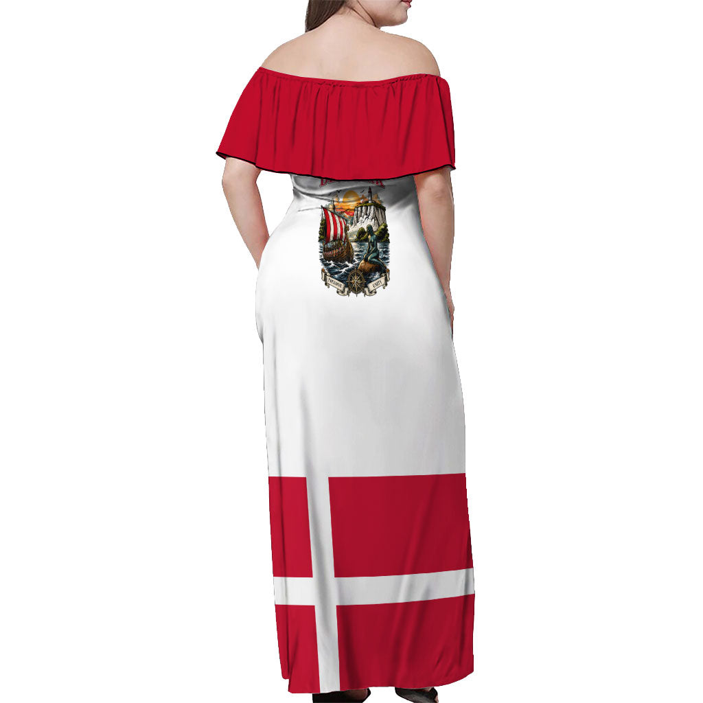 Denmark Kongeriget Heritage Off Shoulder Maxi Dress Vintage Viking Ship And Nyhavn Scenic Illustration