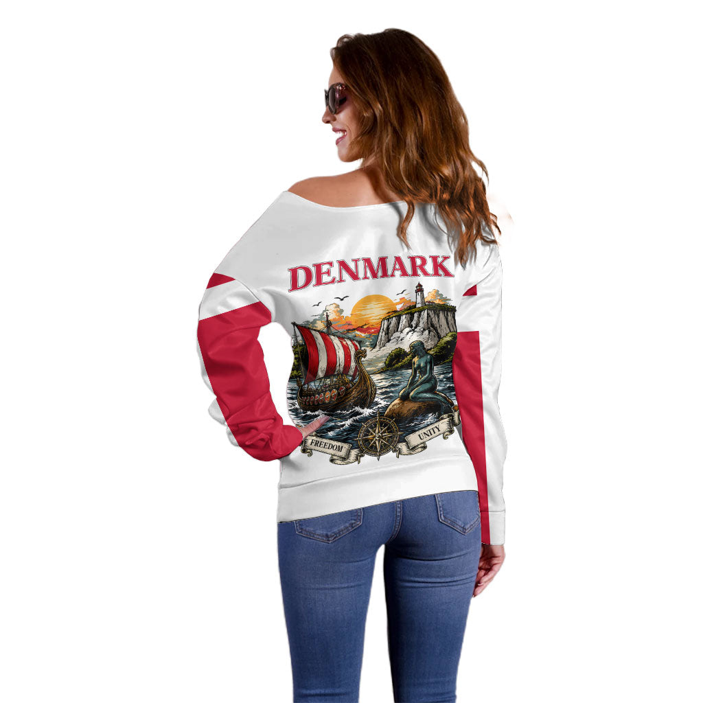 Denmark Kongeriget Heritage Off Shoulder Sweater Vintage Viking Ship And Nyhavn Scenic Illustration