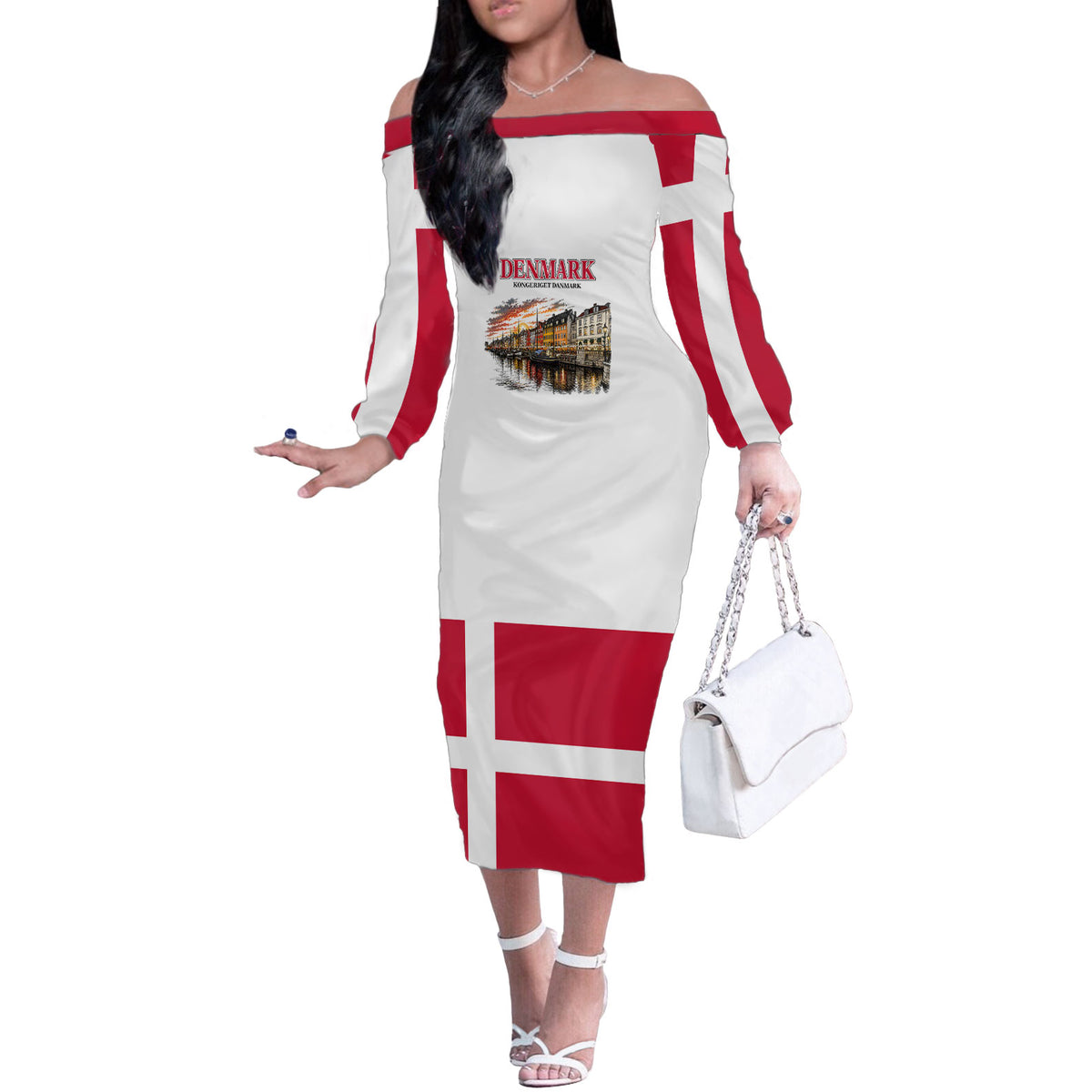 Denmark Kongeriget Heritage Off The Shoulder Long Sleeve Dress Vintage Viking Ship And Nyhavn Scenic Illustration