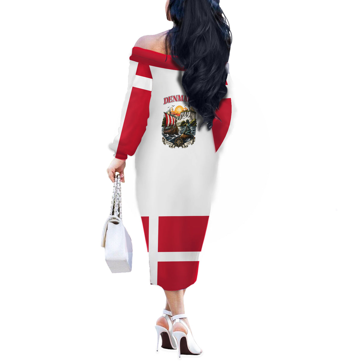 Denmark Kongeriget Heritage Off The Shoulder Long Sleeve Dress Vintage Viking Ship And Nyhavn Scenic Illustration