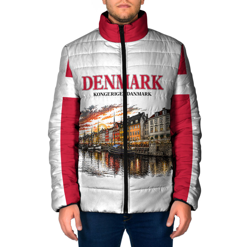 Denmark Kongeriget Heritage Padded Jacket Vintage Viking Ship And Nyhavn Scenic Illustration