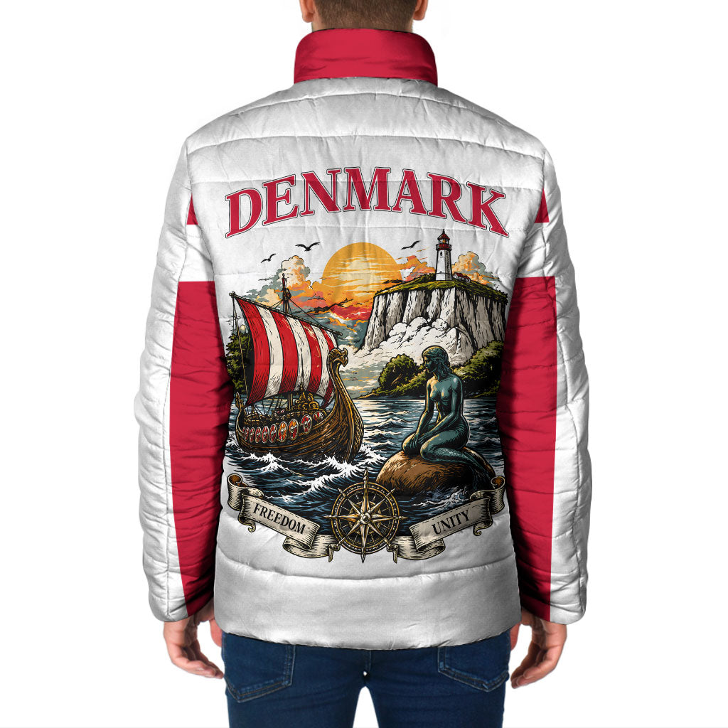 Denmark Kongeriget Heritage Padded Jacket Vintage Viking Ship And Nyhavn Scenic Illustration