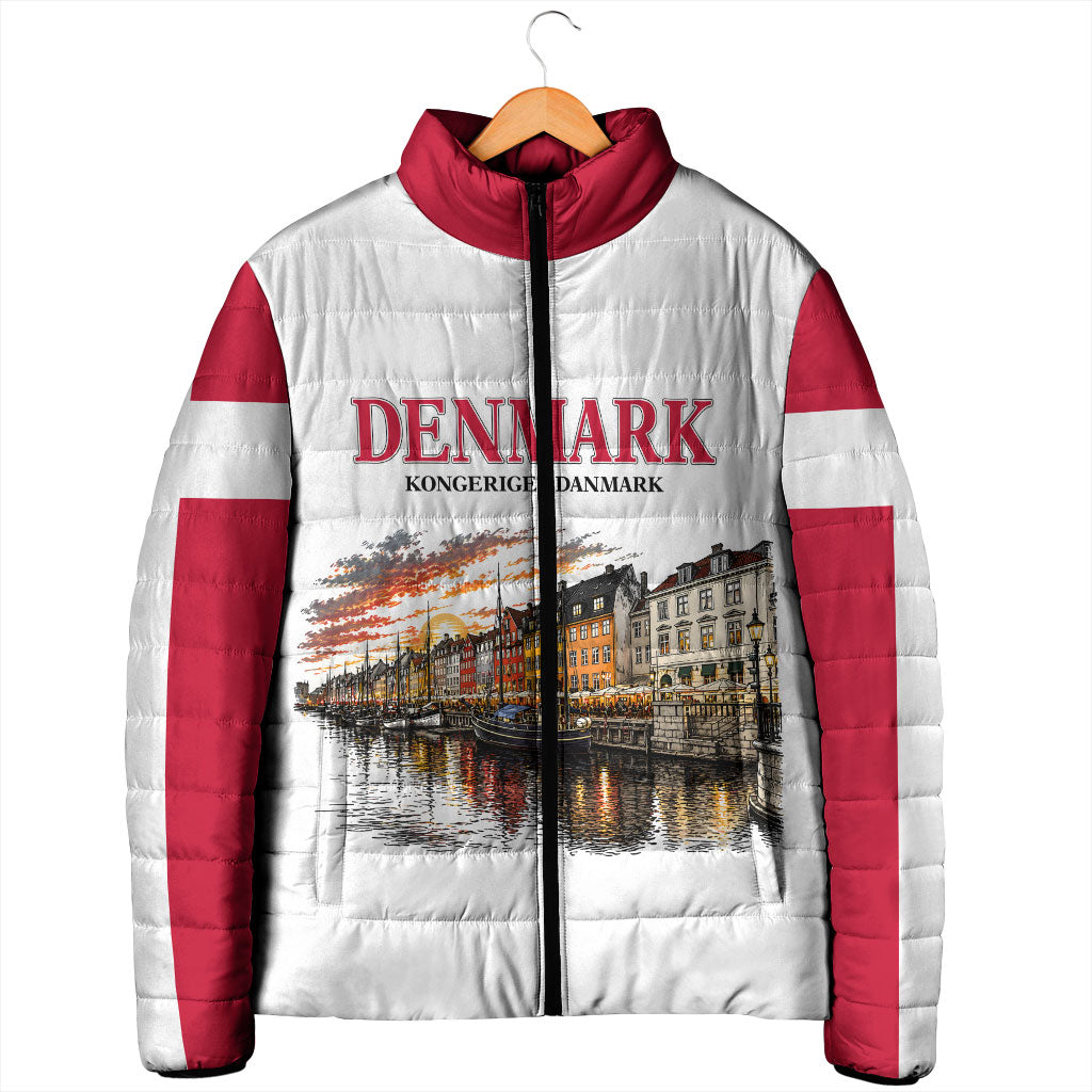 Denmark Kongeriget Heritage Padded Jacket Vintage Viking Ship And Nyhavn Scenic Illustration
