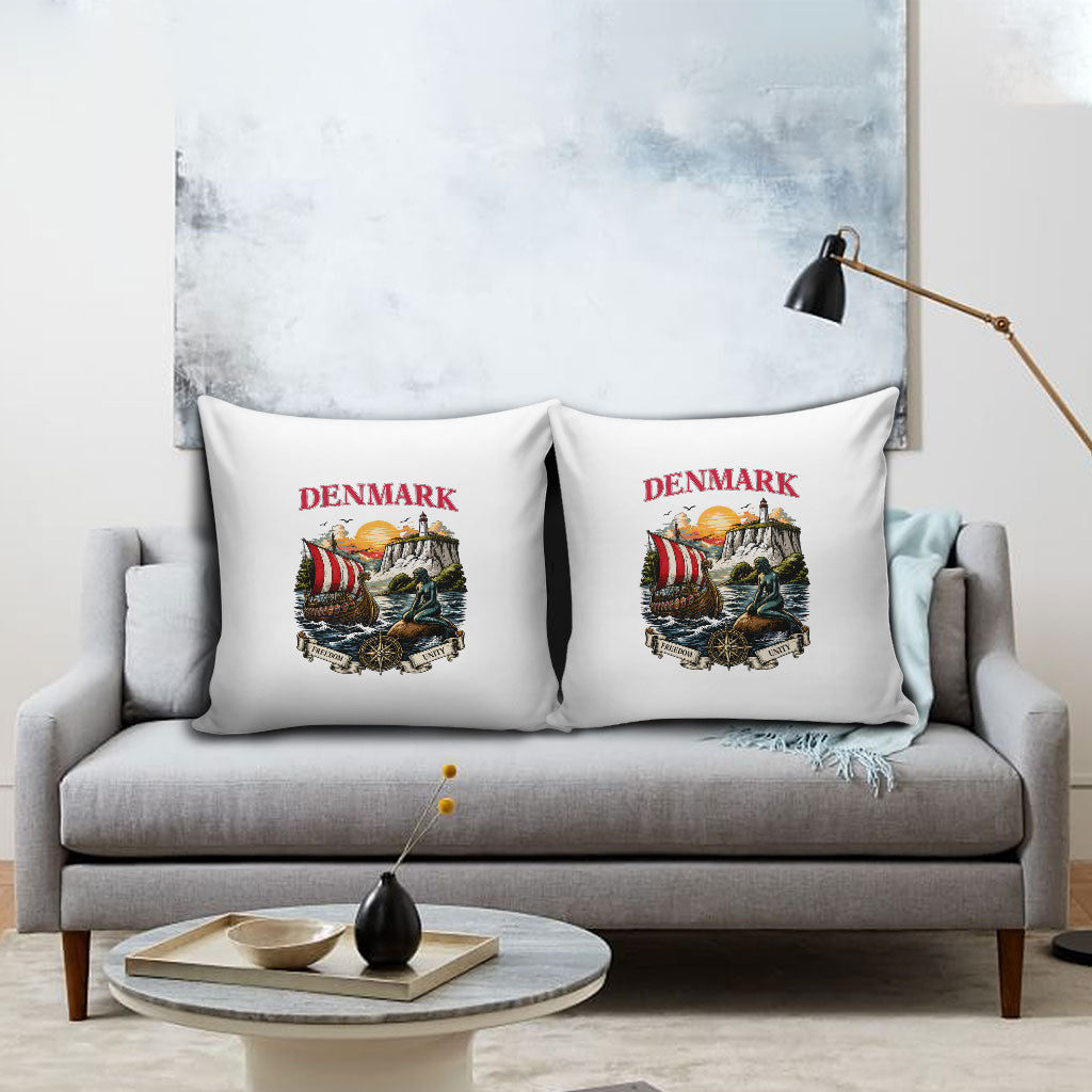 Denmark Kongeriget Heritage Pillow Cover Vintage Viking Ship And Nyhavn Scenic Illustration