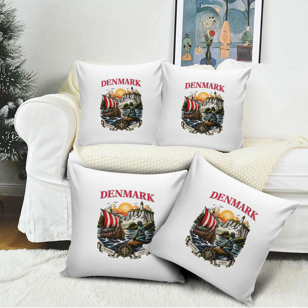 Denmark Kongeriget Heritage Pillow Cover Vintage Viking Ship And Nyhavn Scenic Illustration