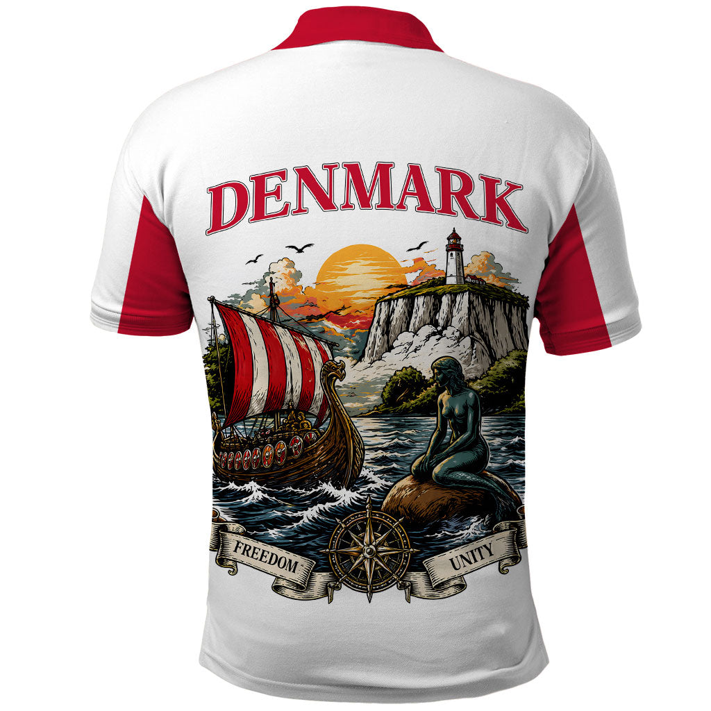 Denmark Kongeriget Heritage Polo Shirt Vintage Viking Ship And Nyhavn Scenic Illustration