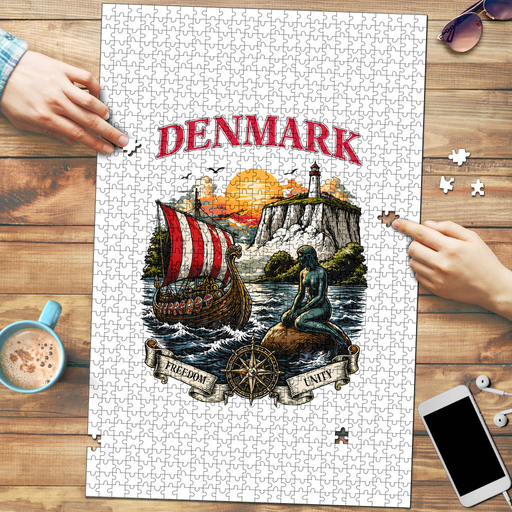 Denmark Kongeriget Heritage Puzzle Vintage Viking Ship And Nyhavn Scenic Illustration