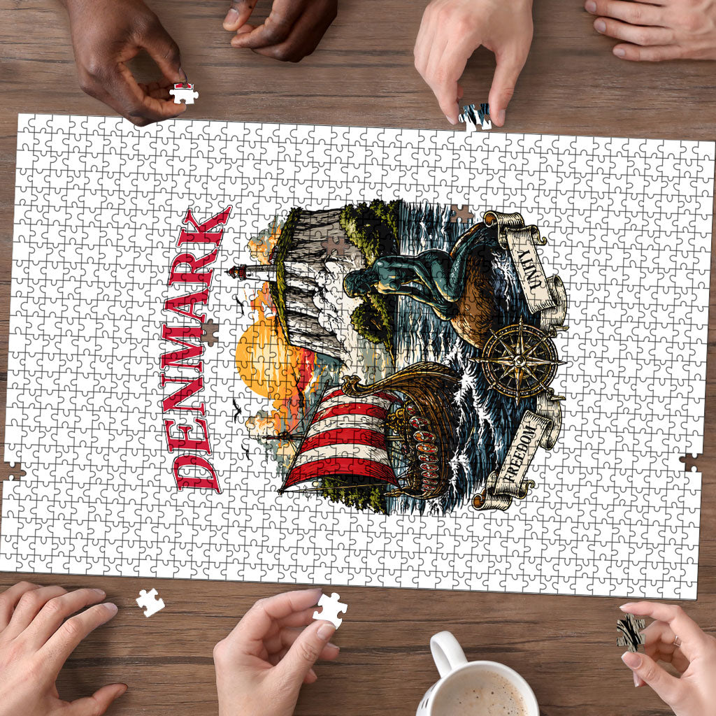Denmark Kongeriget Heritage Puzzle Vintage Viking Ship And Nyhavn Scenic Illustration
