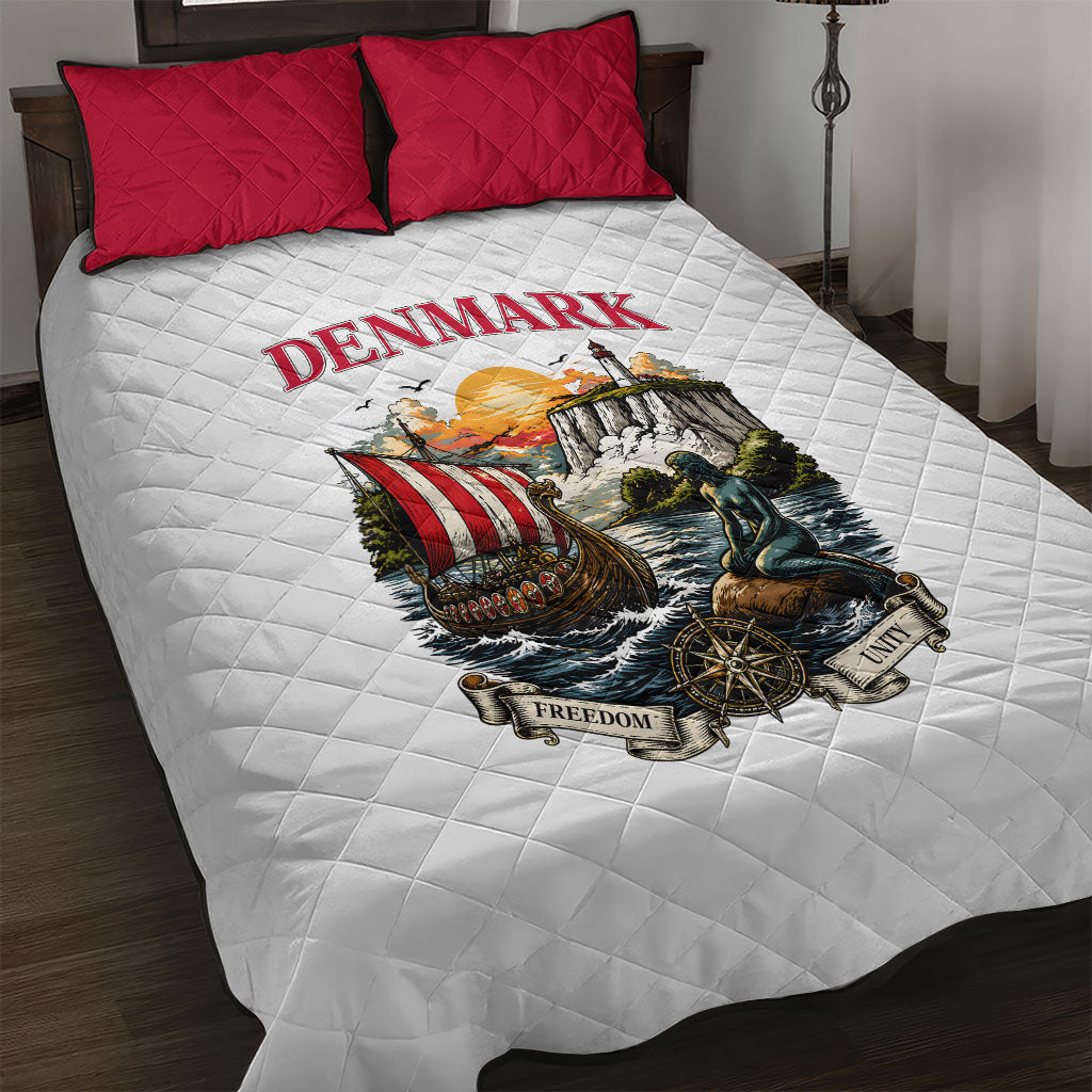 Denmark Kongeriget Heritage Quilt Bed Set Vintage Viking Ship And Nyhavn Scenic Illustration