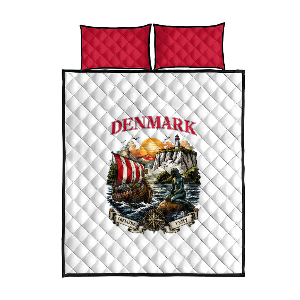 Denmark Kongeriget Heritage Quilt Bed Set Vintage Viking Ship And Nyhavn Scenic Illustration