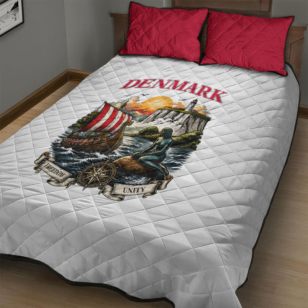 Denmark Kongeriget Heritage Quilt Bed Set Vintage Viking Ship And Nyhavn Scenic Illustration