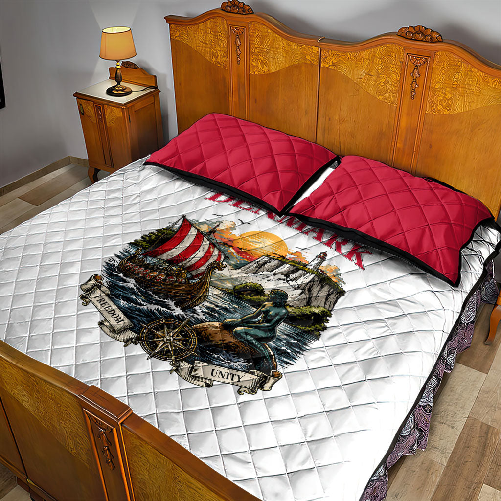Denmark Kongeriget Heritage Quilt Bed Set Vintage Viking Ship And Nyhavn Scenic Illustration