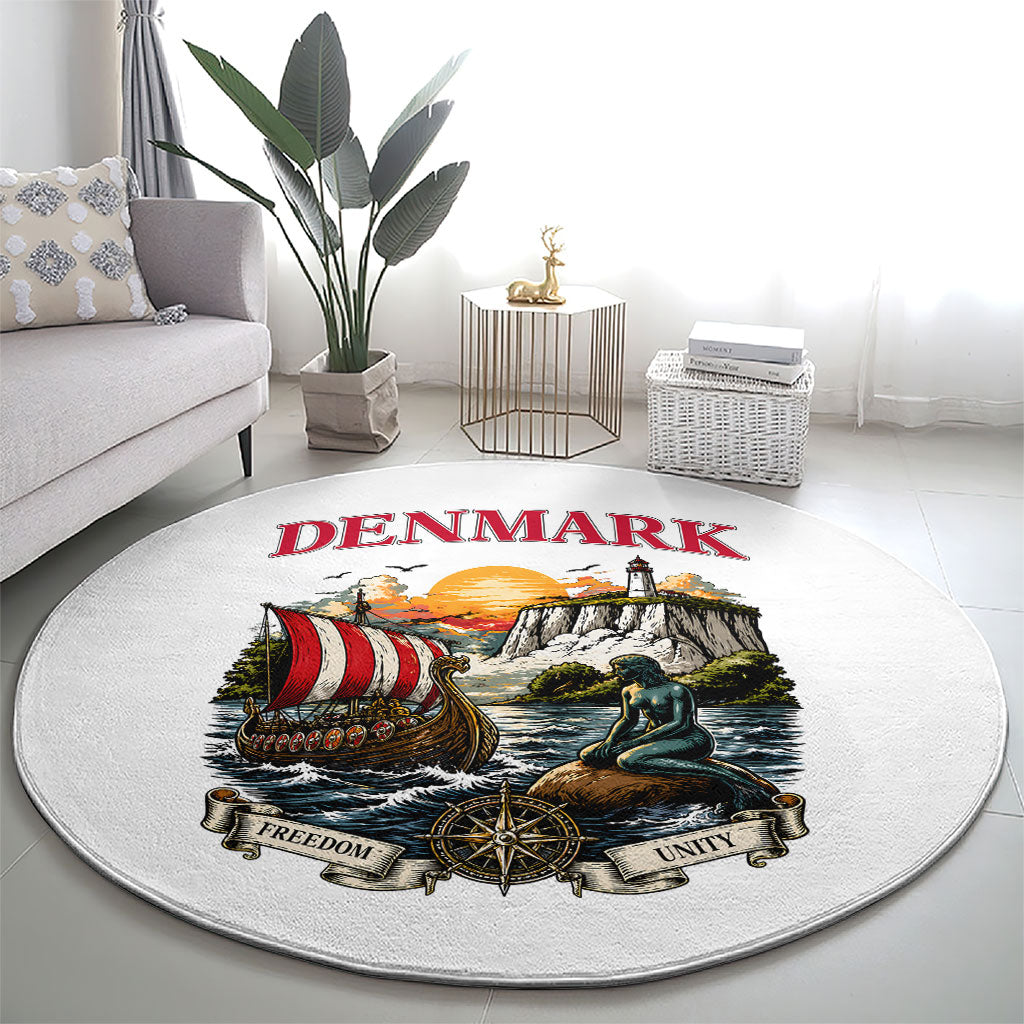 Denmark Kongeriget Heritage Round Carpet Vintage Viking Ship And Nyhavn Scenic Illustration