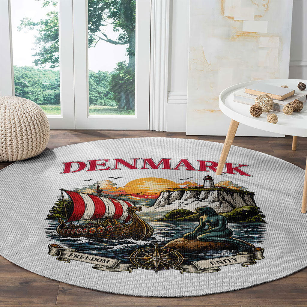 Denmark Kongeriget Heritage Round Carpet Vintage Viking Ship And Nyhavn Scenic Illustration