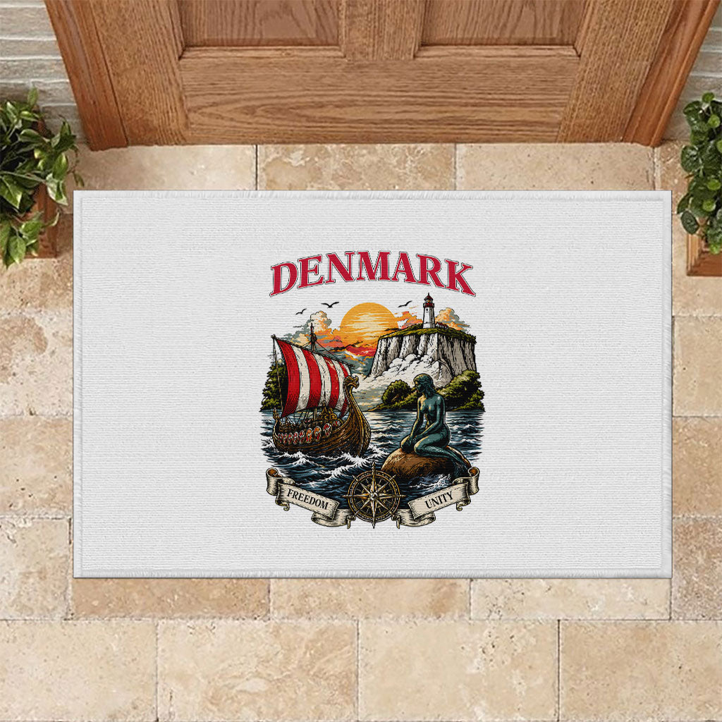 Denmark Kongeriget Heritage Rubber Doormat Vintage Viking Ship And Nyhavn Scenic Illustration