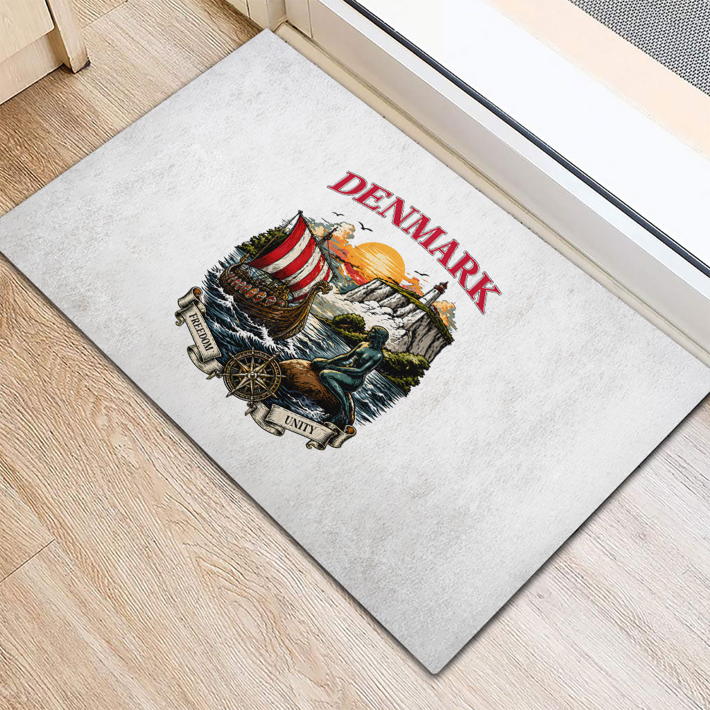 Denmark Kongeriget Heritage Rubber Doormat Vintage Viking Ship And Nyhavn Scenic Illustration