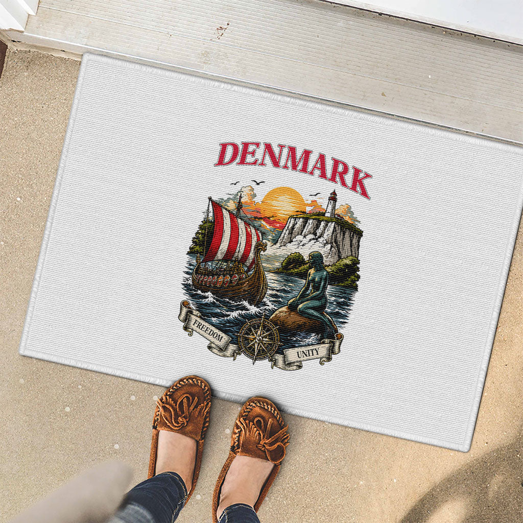 Denmark Kongeriget Heritage Rubber Doormat Vintage Viking Ship And Nyhavn Scenic Illustration