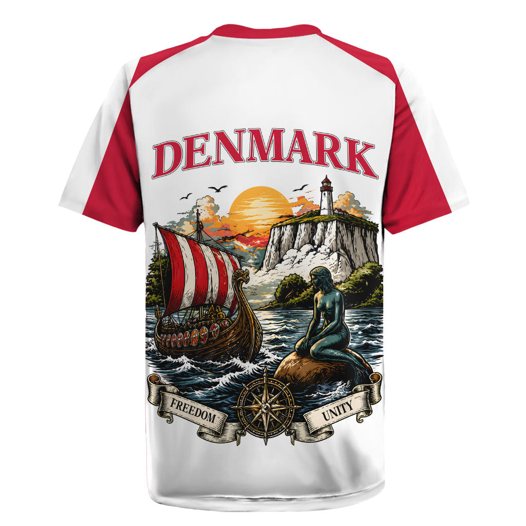 Denmark Kongeriget Heritage Rugby Jersey Vintage Viking Ship And Nyhavn Scenic Illustration