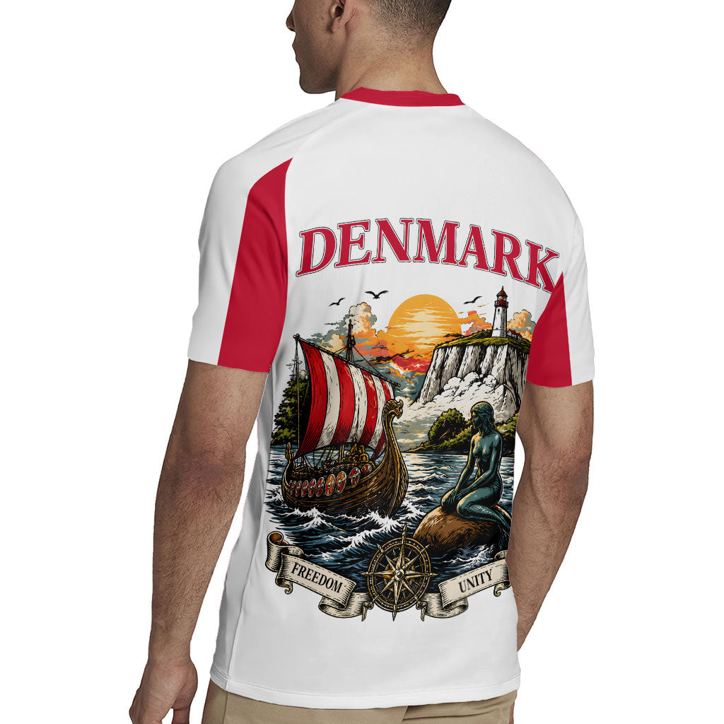 Denmark Kongeriget Heritage Rugby Jersey Vintage Viking Ship And Nyhavn Scenic Illustration