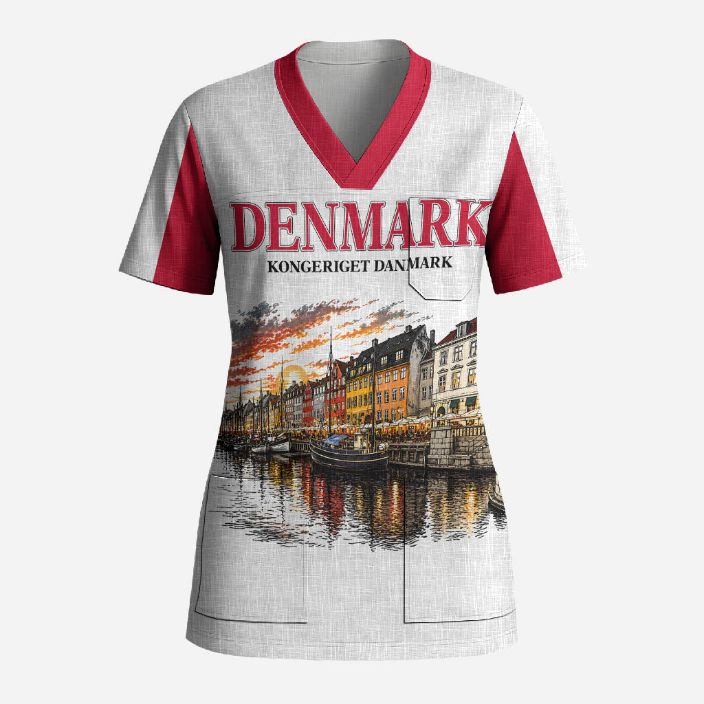 Denmark Kongeriget Heritage Scrub Top Vintage Viking Ship And Nyhavn Scenic Illustration