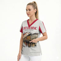 Denmark Kongeriget Heritage Scrub Top Vintage Viking Ship And Nyhavn Scenic Illustration