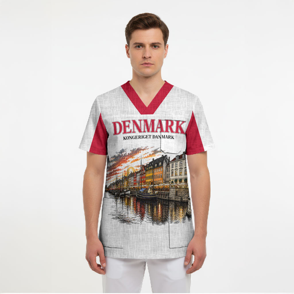Denmark Kongeriget Heritage Scrub Top Vintage Viking Ship And Nyhavn Scenic Illustration