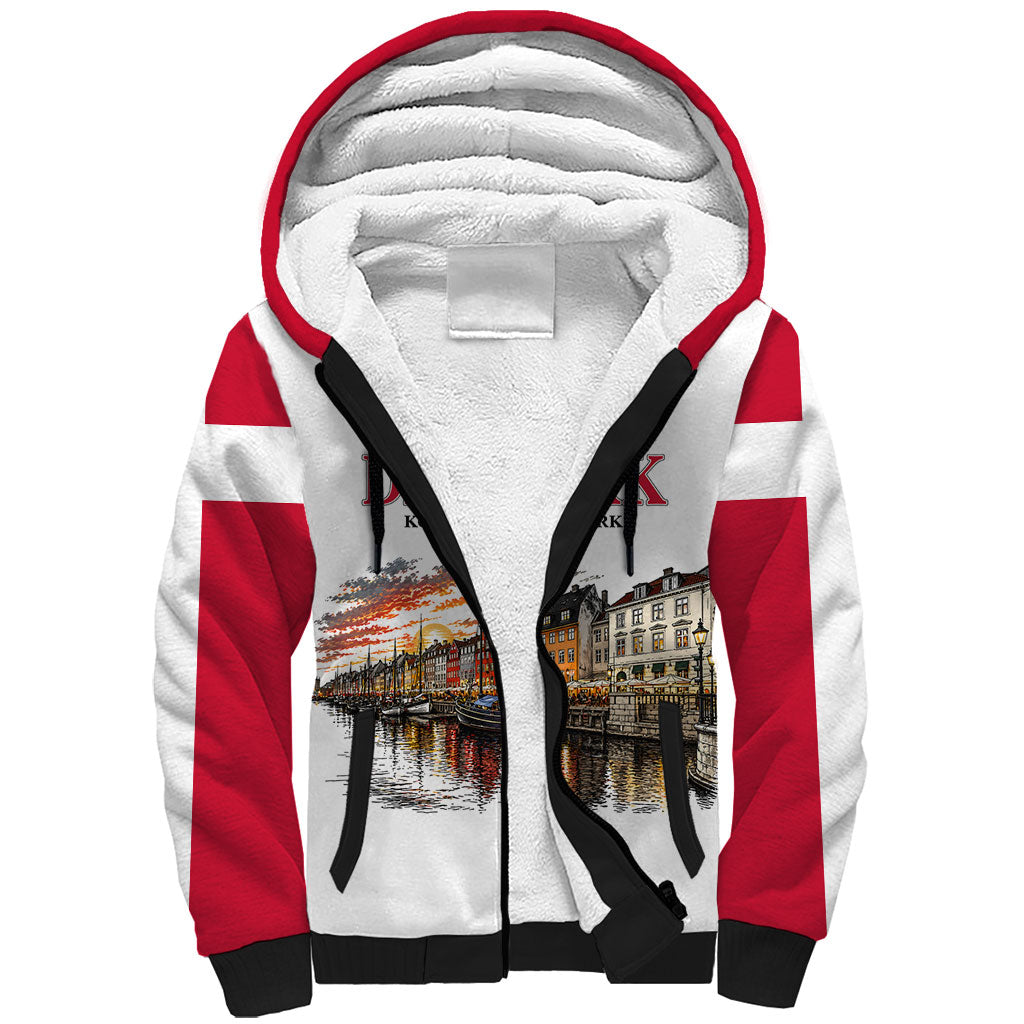 Denmark Kongeriget Heritage Sherpa Hoodie Vintage Viking Ship And Nyhavn Scenic Illustration
