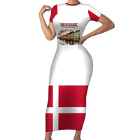Denmark Kongeriget Heritage Short Sleeve Bodycon Dress Vintage Viking Ship And Nyhavn Scenic Illustration