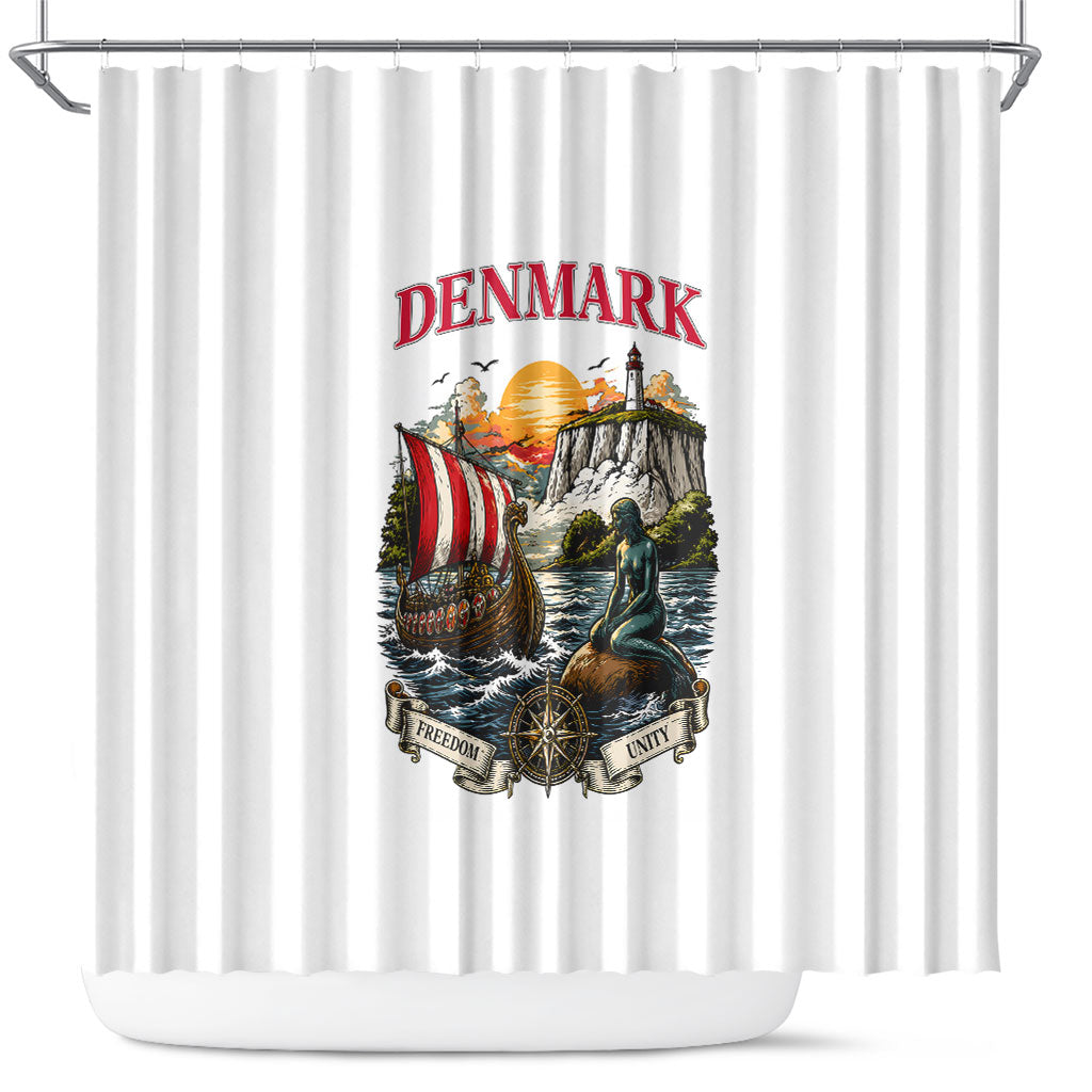 Denmark Kongeriget Heritage Shower Curtain Vintage Viking Ship And Nyhavn Scenic Illustration
