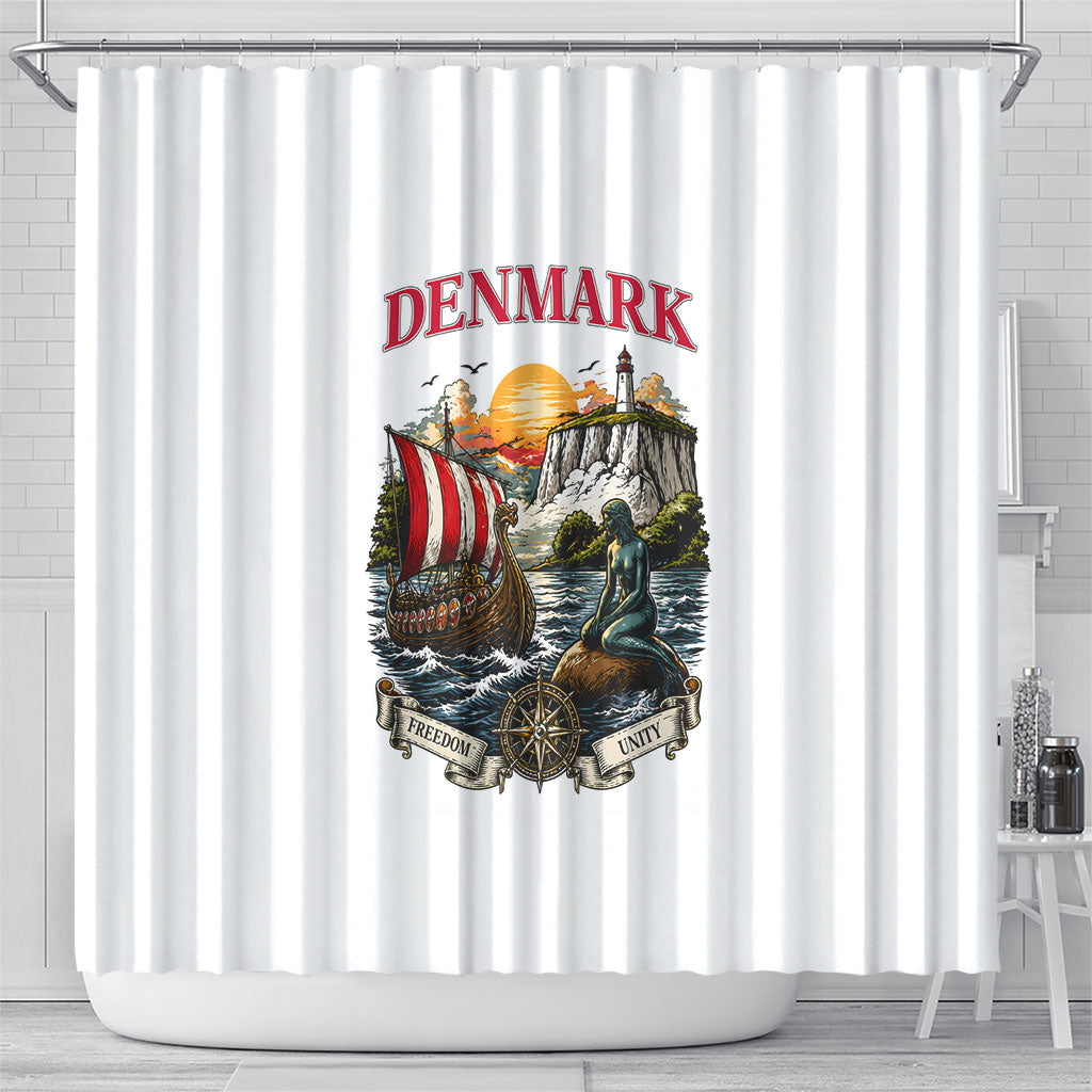 Denmark Kongeriget Heritage Shower Curtain Vintage Viking Ship And Nyhavn Scenic Illustration