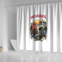 Denmark Kongeriget Heritage Shower Curtain Vintage Viking Ship And Nyhavn Scenic Illustration