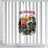 Denmark Kongeriget Heritage Shower Curtain Vintage Viking Ship And Nyhavn Scenic Illustration