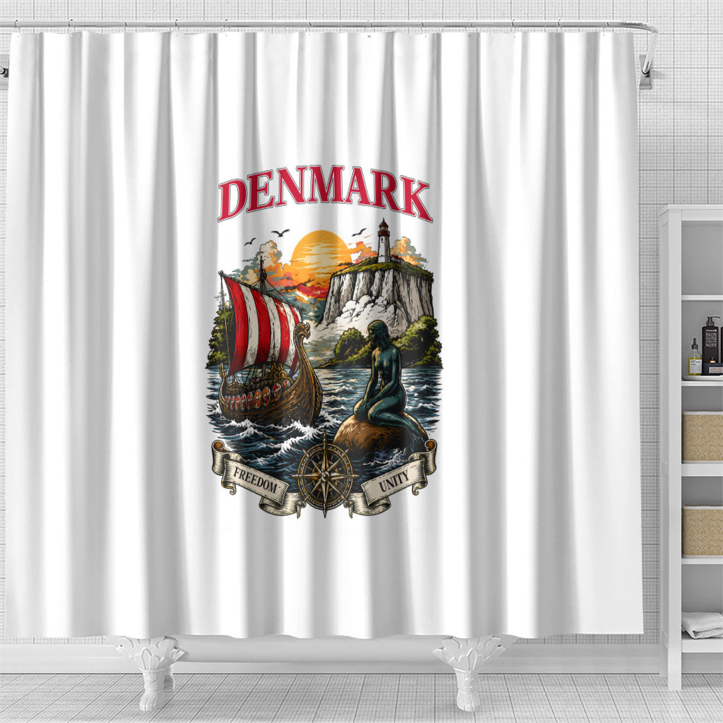 Denmark Kongeriget Heritage Shower Curtain Vintage Viking Ship And Nyhavn Scenic Illustration