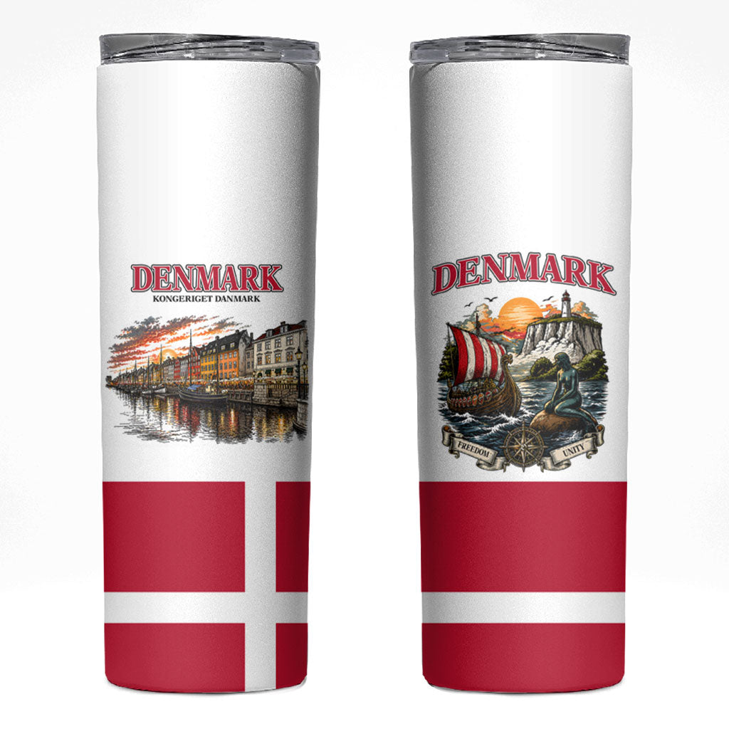 Denmark Kongeriget Heritage Skinny Tumbler Vintage Viking Ship And Nyhavn Scenic Illustration