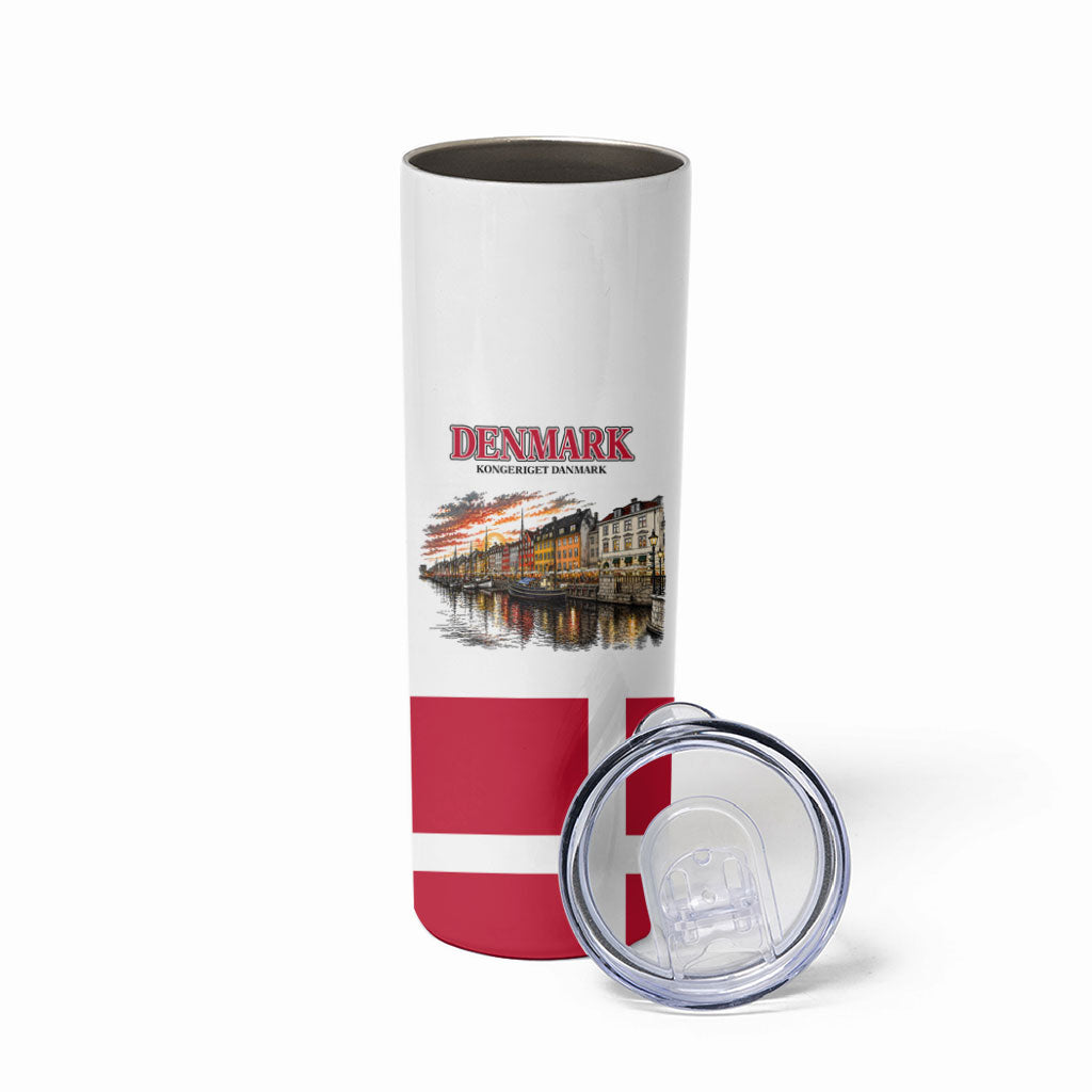 Denmark Kongeriget Heritage Skinny Tumbler Vintage Viking Ship And Nyhavn Scenic Illustration
