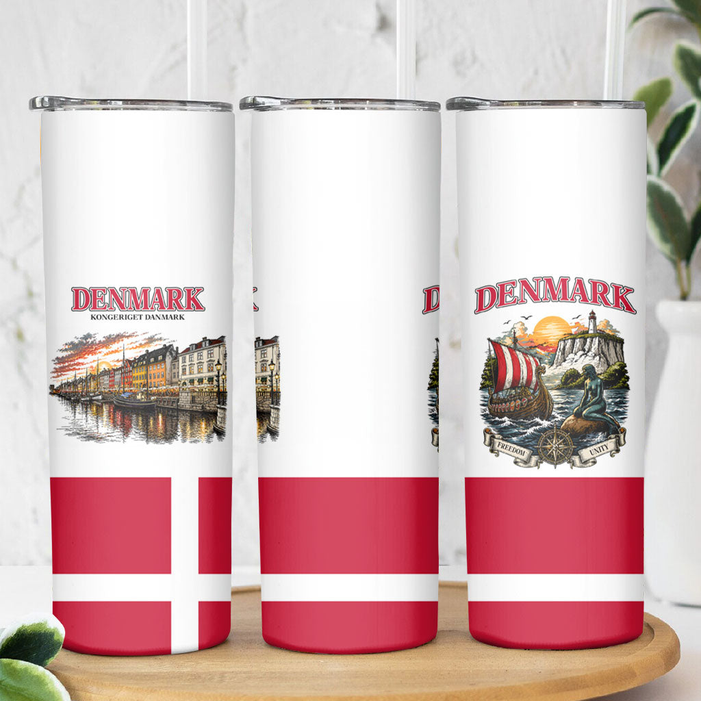 Denmark Kongeriget Heritage Skinny Tumbler Vintage Viking Ship And Nyhavn Scenic Illustration