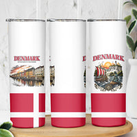Denmark Kongeriget Heritage Skinny Tumbler Vintage Viking Ship And Nyhavn Scenic Illustration