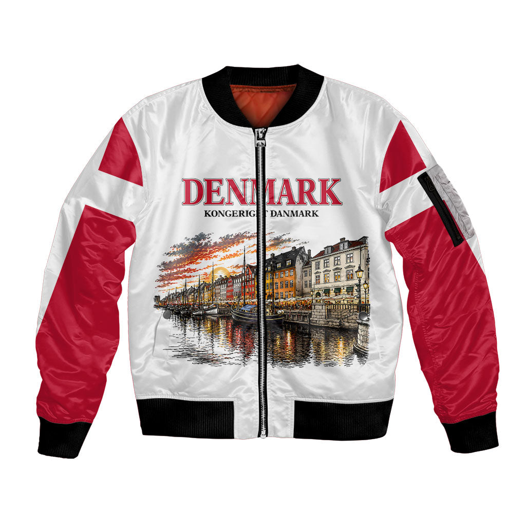 Denmark Kongeriget Heritage Sleeve Zip Bomber Jacket Vintage Viking Ship And Nyhavn Scenic Illustration