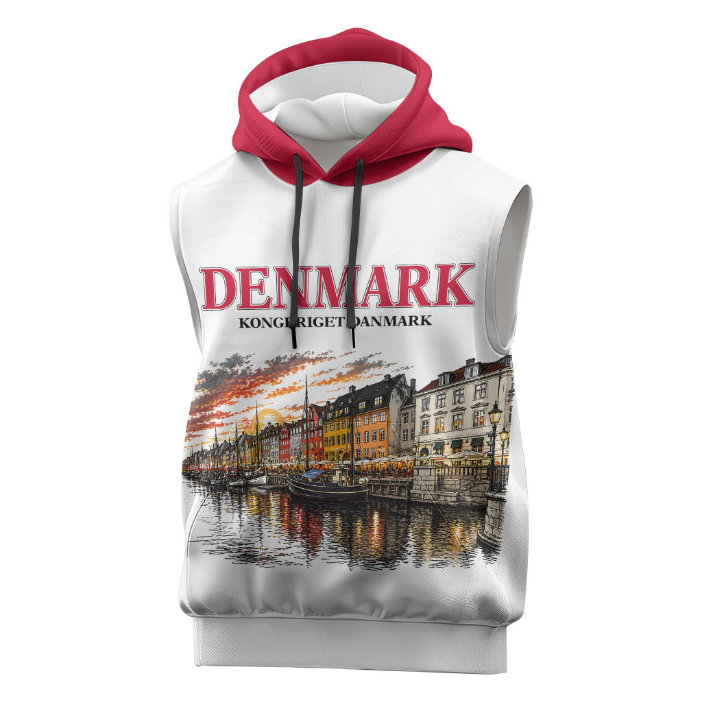 Denmark Kongeriget Heritage Sleeveless Hoodie Vintage Viking Ship And Nyhavn Scenic Illustration